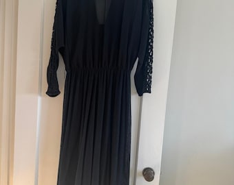 Vintage Spencer Alexis Mixed Media Dress | Black Chiffon Lace & Knit Art-to-Wear Midi | Gothic Romantic Bohemian Luxe Dress | Size M