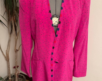 Vintage 80s NORDSTROM Silk Blazer, Hot Pink Abstract Polka Dot Jacket, Longline Geometric Silk Topper, Size 10, Bold Maximalist Statement