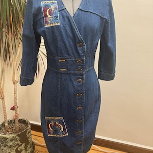 avon denim dress Vintage 1980s Avon Fashion womens denim dress with handmade decoration, sz 5/6