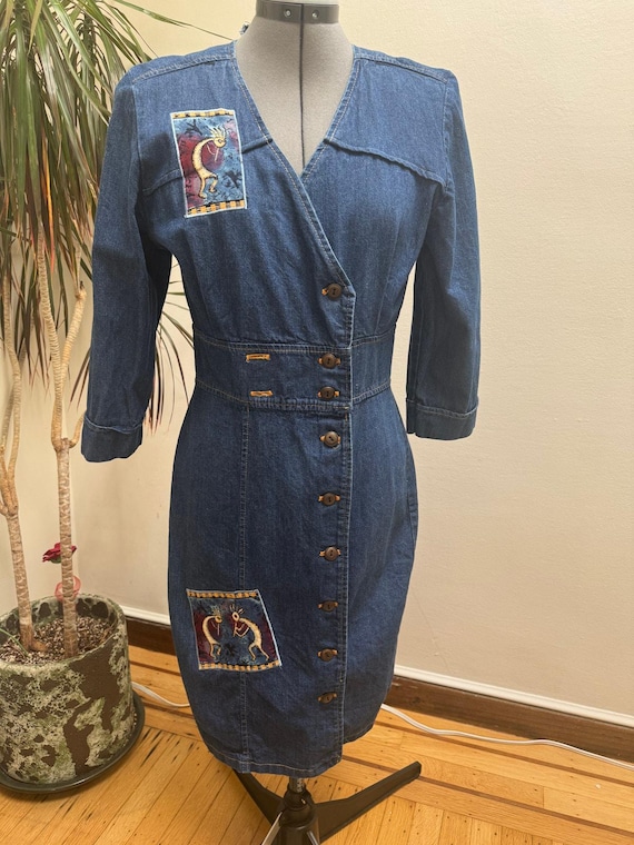 Vintage 90s Avon Fashions Denim Kokopelli Midi Dress