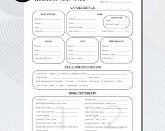 Puede incluir: Una hoja de prueba de velas imprimible con secciones para detalles de velas, mecha, tinte, fragancia e información previa a la quema. Incluye secciones de prueba de quemado y espacio para notas. Con el texto "Instant Printable Download".