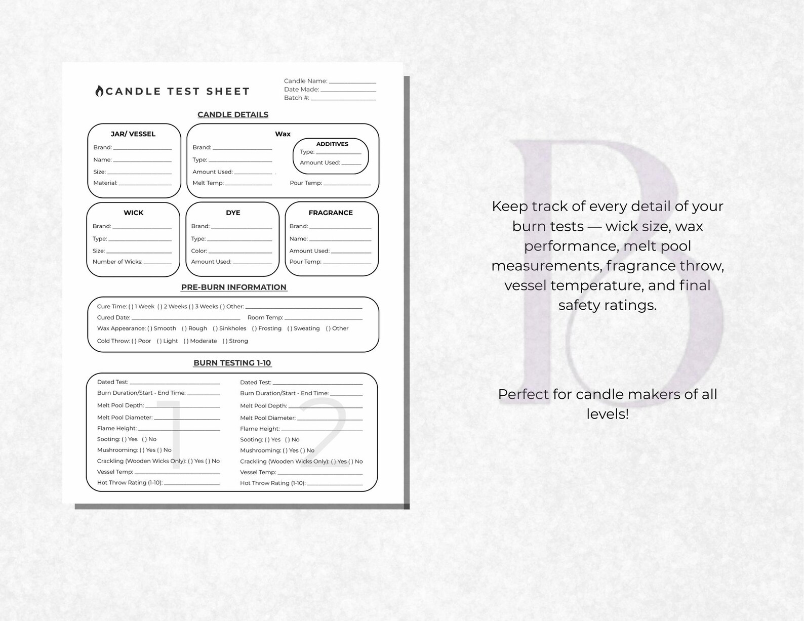 Printable Candle Testing Sheet | Wick Test Template | Minimalist Candle ...