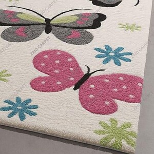 Hand Tufted Wool Rug Colorful Butterfly Area Rug Pink Blue Green Floral ...