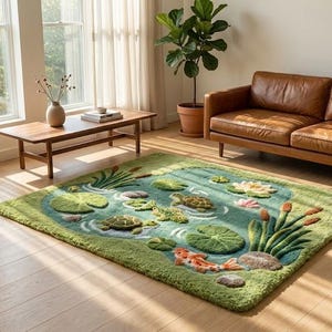 May include: A rectangular green rug with a pond design featuring turtles, lily pads, and a koi fish. The rug is placed on a wooden floor in a living room setting, with a brown leather sofa and a wooden coffee table.