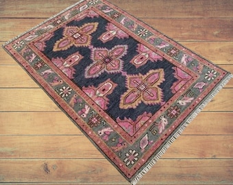 Hand Knotted Vintage Wool Rug Pink Floral Tribal Area Rug Boho Persian Style Cottage Living Room Bedroom Handmade Carpet