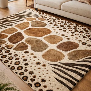 Handtuftad ullmatta med blandat djurmönster, lapptäcke, leopard, zebra, giraff, safari, eklektisk, modern, vardagsrumsmatta