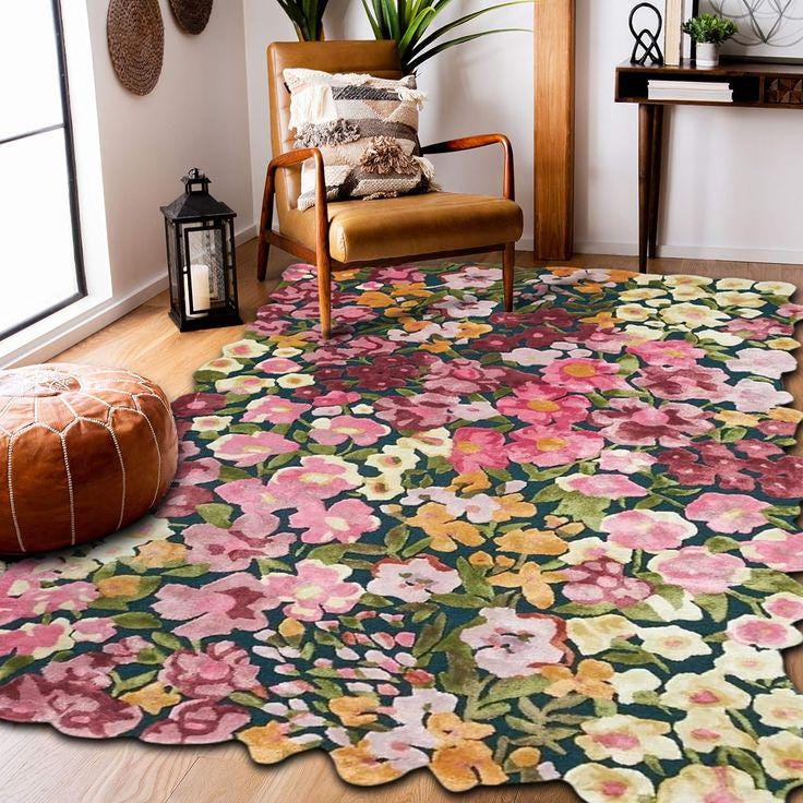 Hand Tufted Wildflower Rug, Shaped Floral Wool Area Carpet, Cottagecore ...