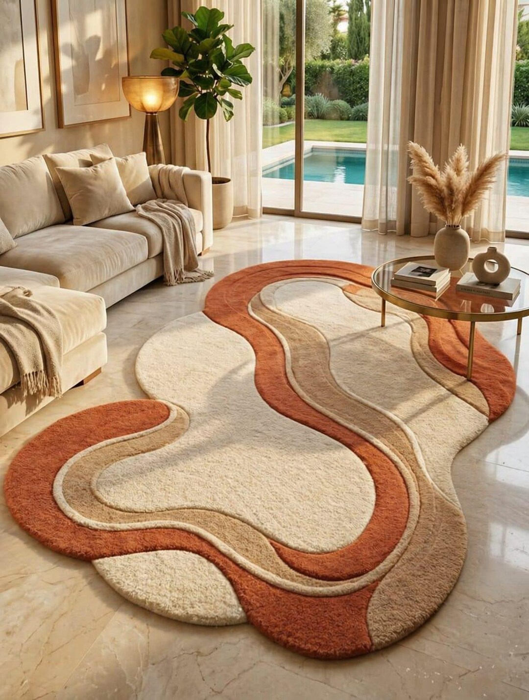 Irregular Shaped Hand Tufted Wool Rug Burnt Orange and Beige Wavy ...