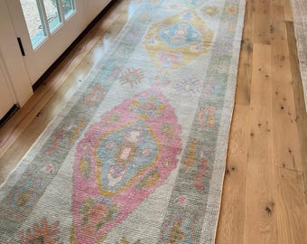 Hand Knotted Oushak Runner Rug, Pastel Turkish Hallway Runner, Pink Blue Vintage Wool Carpet, Cottagecore Entryway Décor