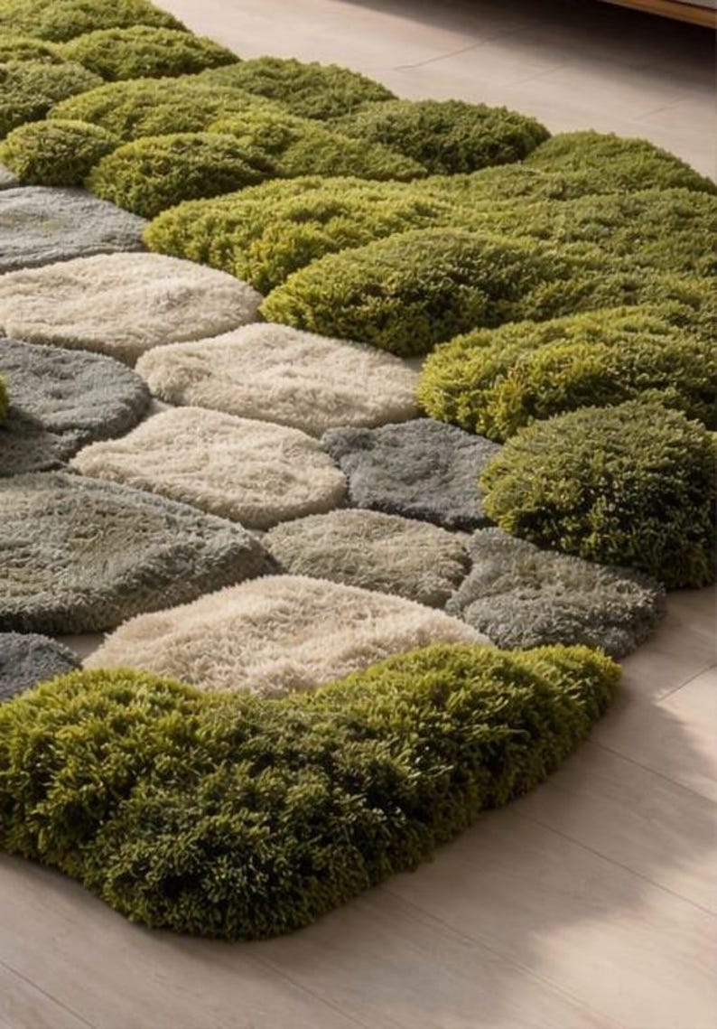 May include: A textured rug with a stone-like design. The rug features a pattern of various-sized, rounded shapes in shades of green, gray, and beige. The rug's design resembles a pathway or stepping stones, adding a natural element to the space.