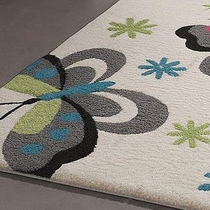 Hand Tufted Wool Rug Colorful Butterfly Area Rug Pink Blue Green Floral ...