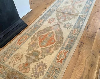 Hand Knotted Beige Runner Rug, Vintage Persian Style Floral Carpet, Muted Blue Rust Medallion Design, Custom Size Hallway Home Décor
