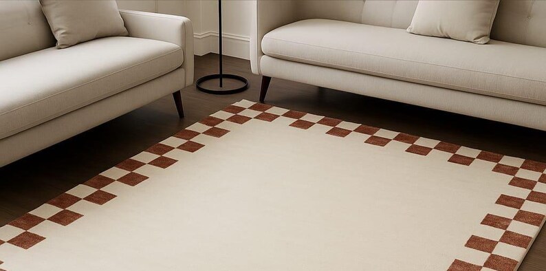 Cream Terracotta Checkerboard Hand Tufted Rug, Modern Border Check Area ...