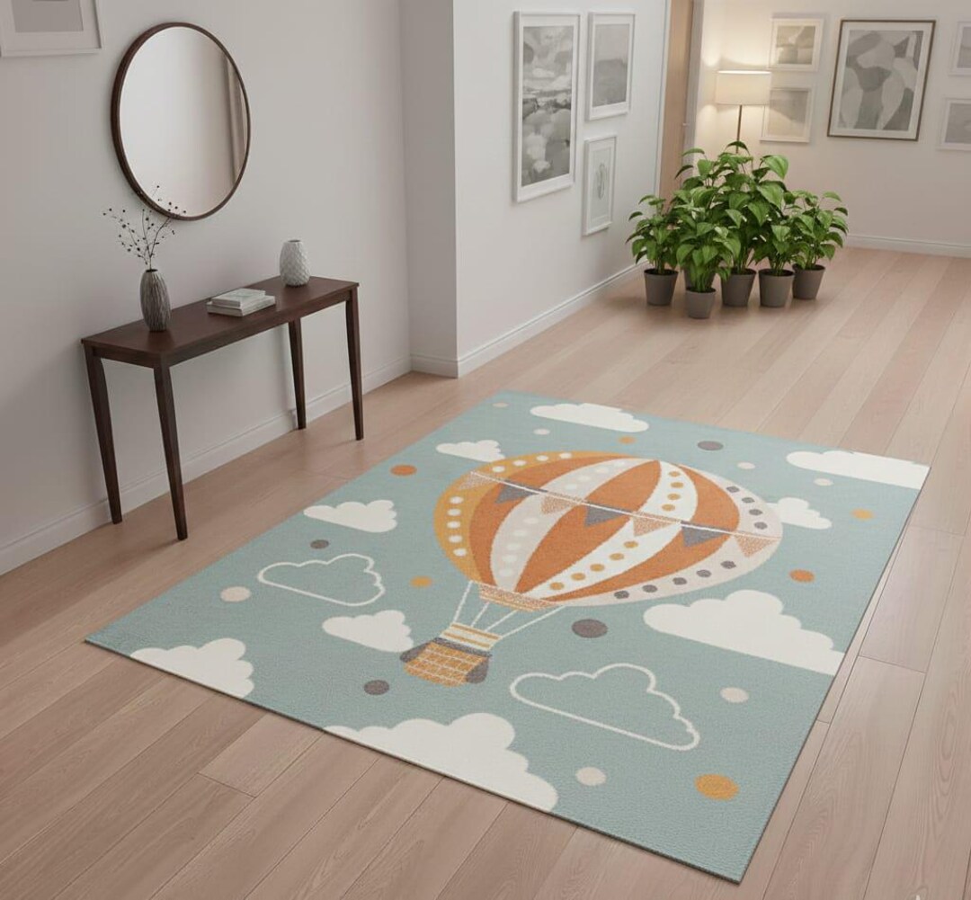 Hand Tufted Hot Air Balloon Rug Kids Nursery Cloud Balloon Orange Blue ...