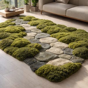 May include: A unique, plush rug with a design resembling a mossy path. The rug features a combination of green, gray, and beige tufted sections, creating a textured, organic look. The rug's irregular shape adds to its natural aesthetic.