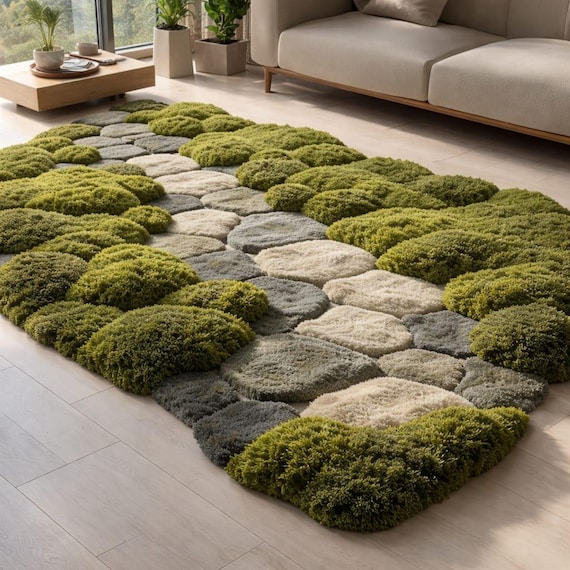 3D Moss Rug Hand Tufted Forest Floor Area Rug Green Pebble Stone Textured Rug Unique Biophilic Decor Large Aesthetic Plush Wool Shag Rug