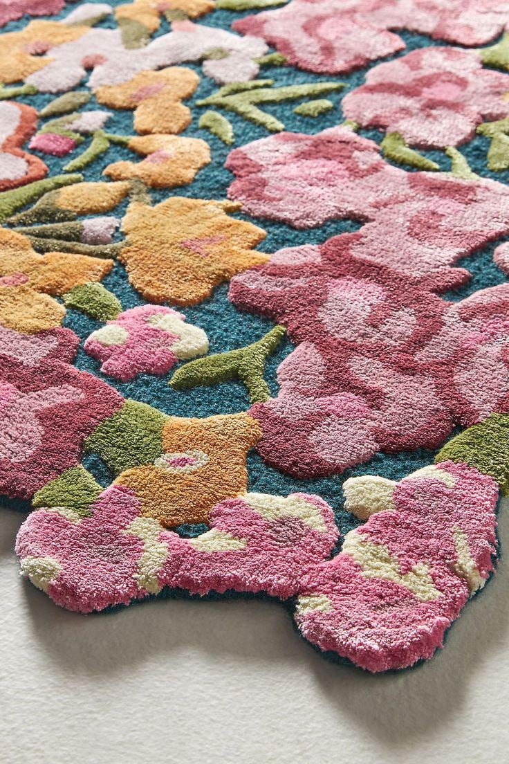Hand Tufted Wildflower Rug, Shaped Floral Wool Area Carpet, Cottagecore ...