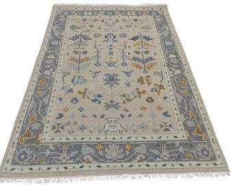 Hand Knotted Persian Type Area Rug, Vintage Floral Carpet, Ivory Blue Traditional Runner, Custom Size for Living Room Bedroom