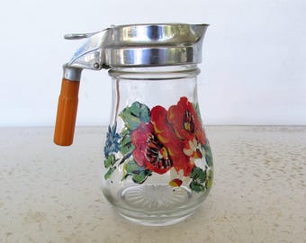 Small Cream or Syrup Pitcher Bakelite Handle Glass with Floral Design