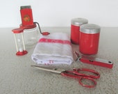 Red Vintage Kitchenwares Collection Kitchen Tools Retro Salt and Pepper Linen Towel Chopper Scissors Timer Bottle Opener Mid Century