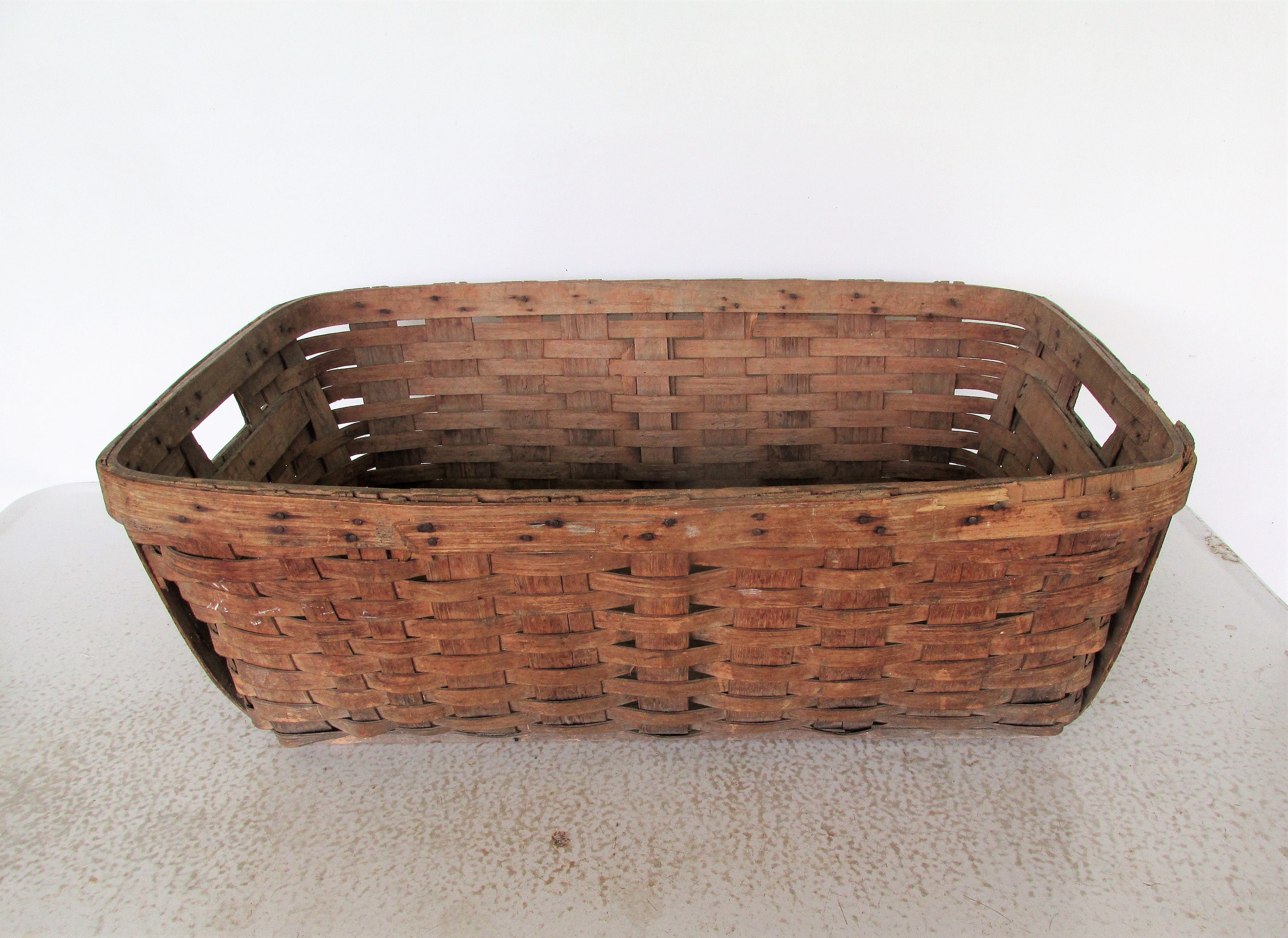 Large Antique Laundry Basket Oak Splint Woven Wood Slat Etsy