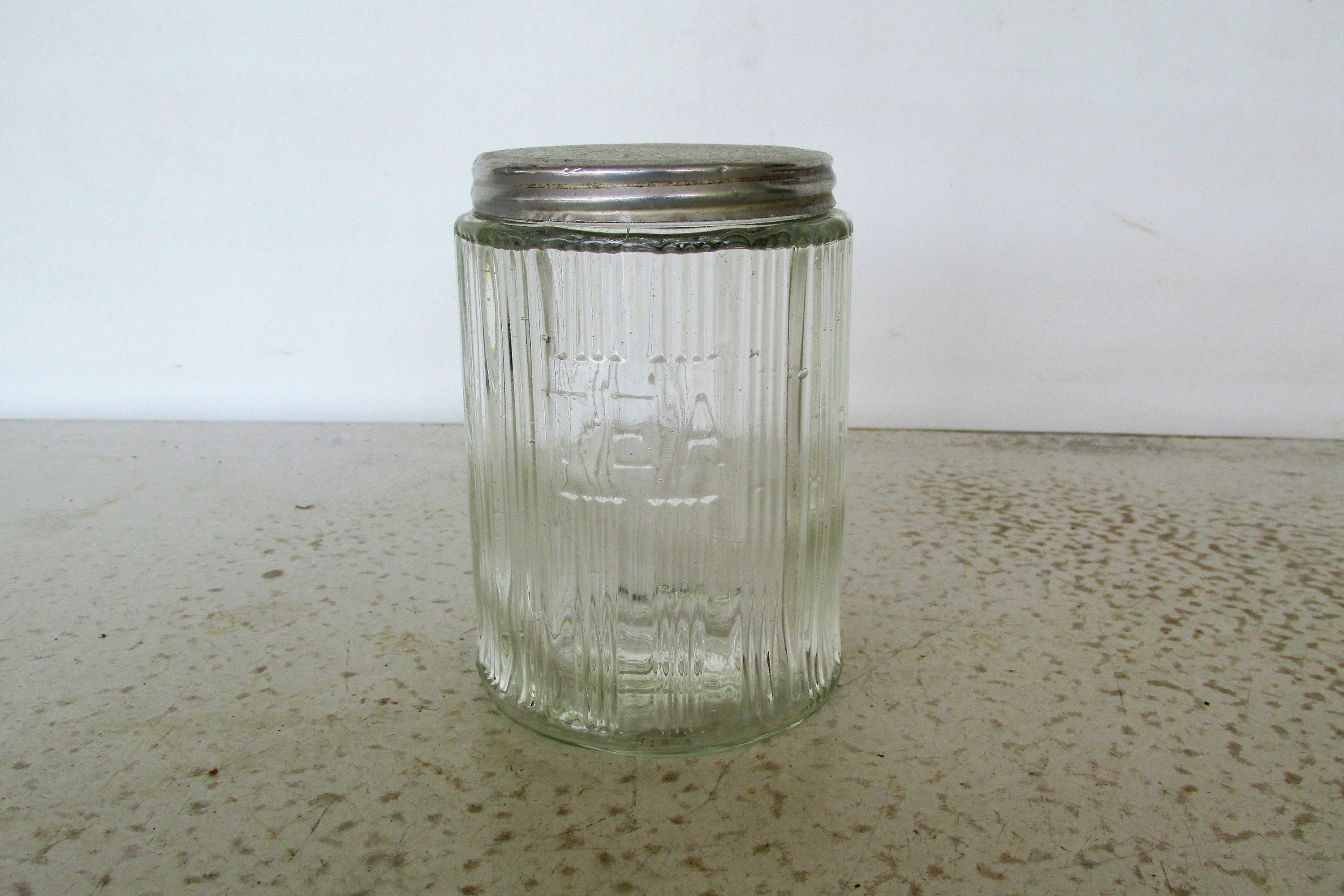 Hoosier Tea Jar Mission Pattern Clear Glass cabinet antique vintage old r...