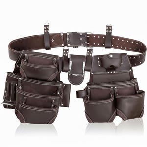 May include: A brown leather tool belt with multiple pouches and pockets, featuring white stitching and metal hardware. The belt has a buckle closure and is designed for carrying tools. The tool belt is a work accessory.
