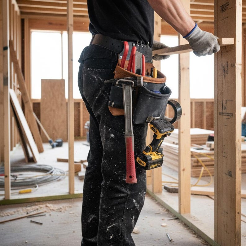 May include: A black tool belt worn around the waist, featuring multiple pockets containing a hammer with a red handle, a yellow and black cordless drill, and various hand tools. The belt is made of brown leather and black fabric, secured with a black belt.