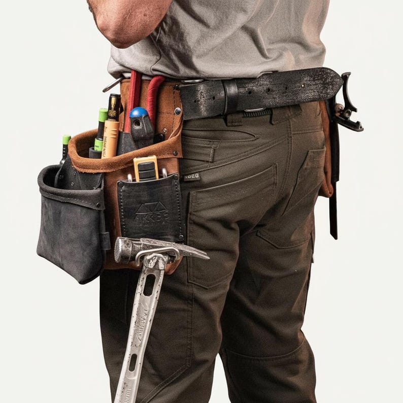 May include: A brown leather tool belt with multiple pockets and a hammer. The belt is worn around the waist and holds various tools, including screwdrivers, pliers, and a measuring tape. The belt is made of brown leather and has a black leather accent.