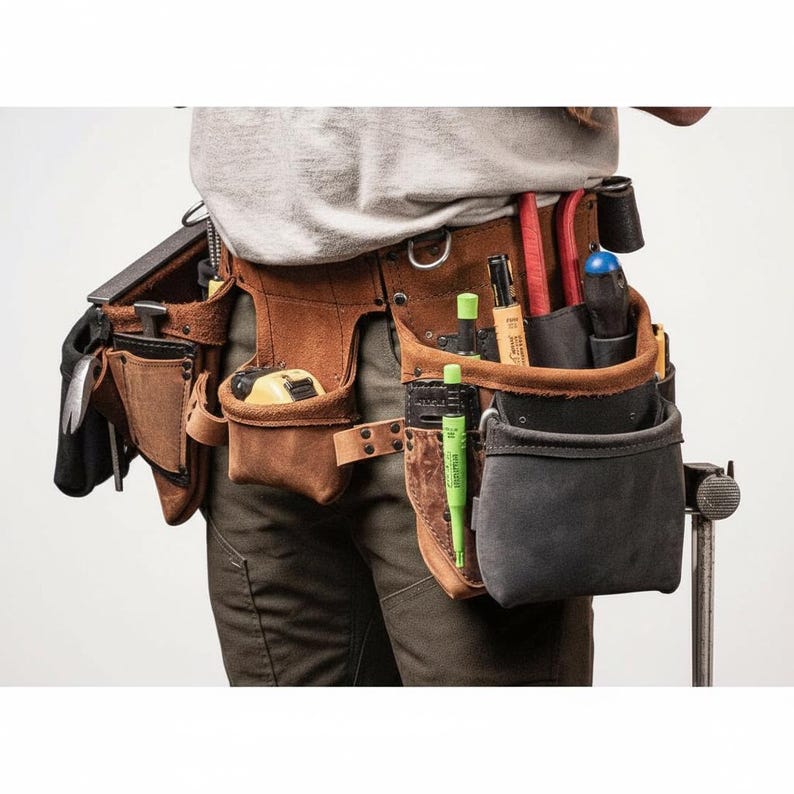 May include: A brown leather tool belt with multiple pockets and pouches, filled with various tools including a tape measure, pens, and pliers. The belt is worn around the waist and has a sturdy, rugged appearance.