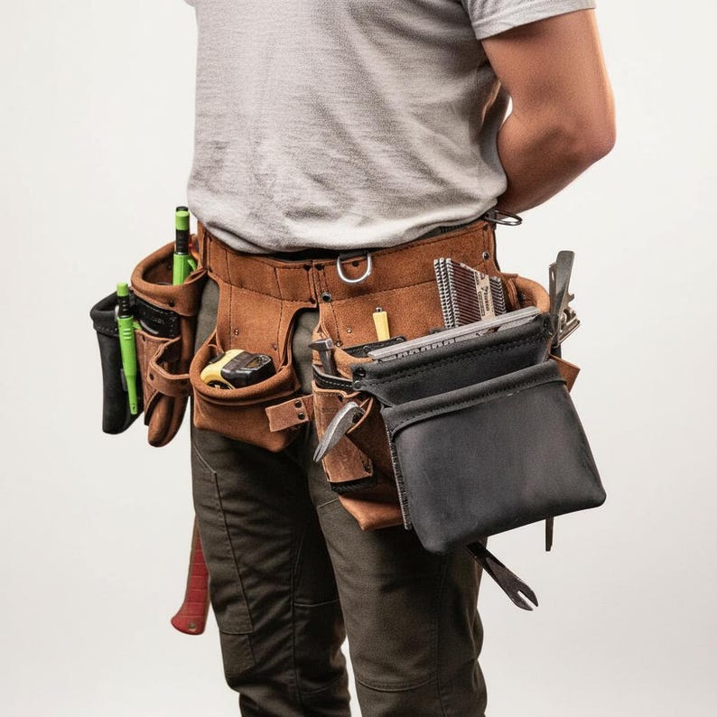 May include: A brown leather tool belt with multiple pockets and pouches, filled with various tools. The belt has a black leather pouch and is worn by a person wearing a gray t-shirt and dark pants. A red handled hatchet is visible.
