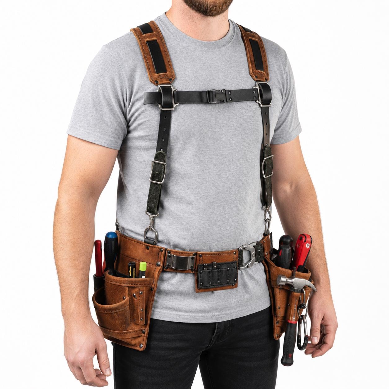Heavy Duty Leather Tool Belt Suspenders - Padded 4-Point Support Harness for Carpenters