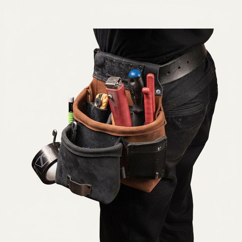 May include: A brown and black leather tool belt featuring multiple pouches and slots. The belt contains a red utility knife, a black-handled screwdriver, a red pry bar, a green pencil, and a roll of black tape hanging from a metal hook.