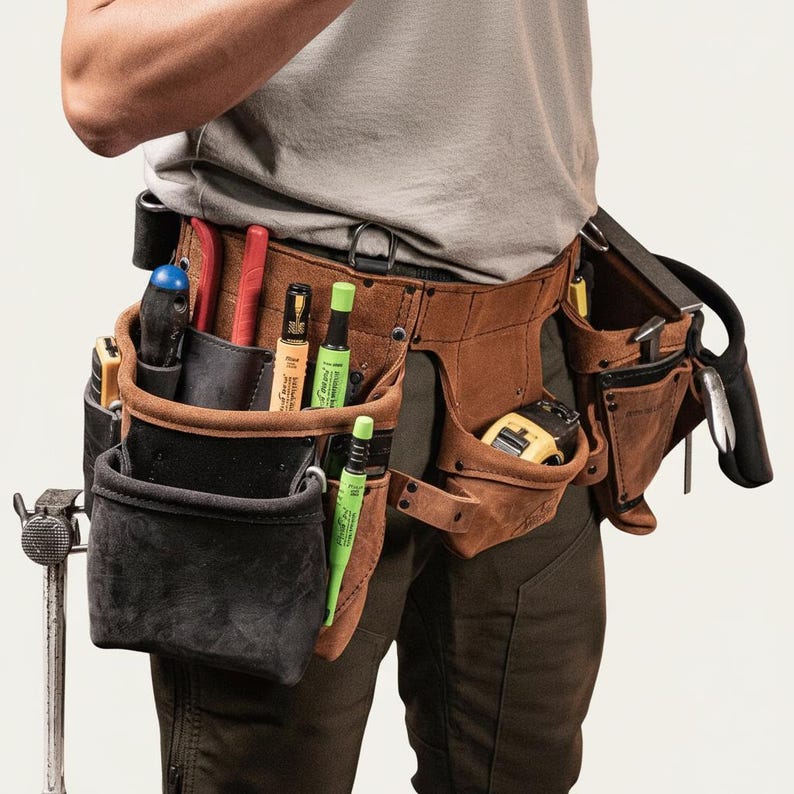 May include: A brown leather tool belt with multiple pockets and pouches, filled with various tools including a screwdriver, tape measure, and markers. The belt is worn around the waist.