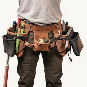 May include: A brown leather tool belt with multiple pockets and pouches, filled with various tools including a hammer, screwdrivers, and measuring tape. The belt is worn around the waist and is designed for construction or carpentry work.
