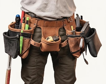 May include: A brown leather tool belt with multiple pockets and pouches, filled with various tools including a hammer, screwdrivers, and measuring tape. The belt is worn around the waist and is designed for construction or carpentry work.