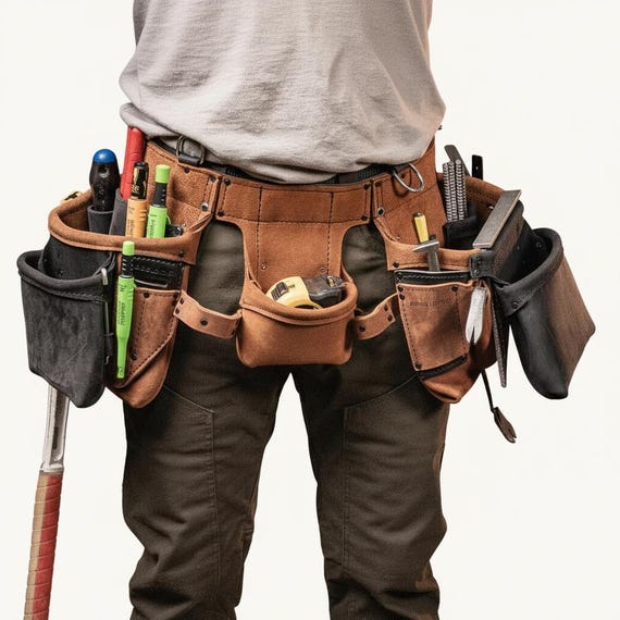 Handmade Brown Leather Tool Belt, Front Worn Carpenter Tool Rig