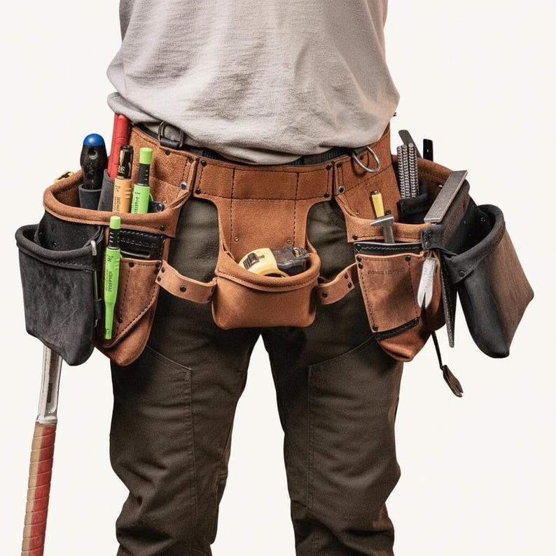 May include: A brown leather tool belt with multiple pockets and pouches, filled with various tools including a hammer, screwdrivers, and measuring tape. The belt is worn around the waist and is designed for construction or carpentry work.