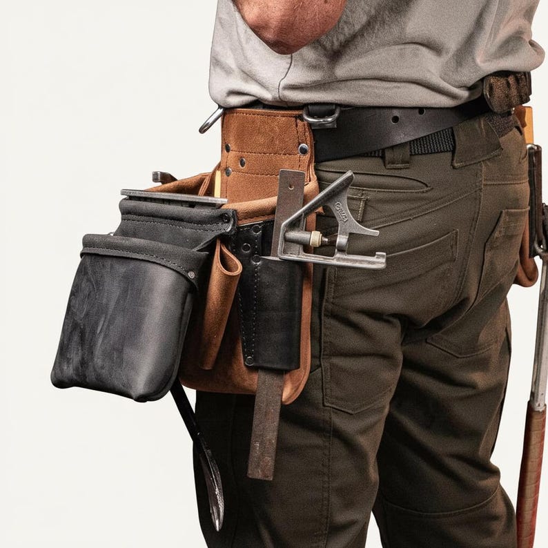 May include: A brown leather tool belt with multiple pockets and a black leather pouch. A metal square and other tools are visible. The belt is worn by a person wearing brown pants and a gray shirt.