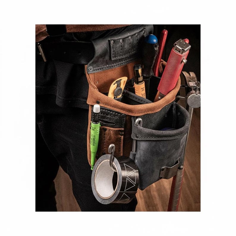 May include: A brown and black leather tool pouch attached to a belt, featuring multiple pockets and loops. It contains a red utility knife, a yellow-handled tool, a green marker, and a roll of black tape hanging from a metal hook on the front.