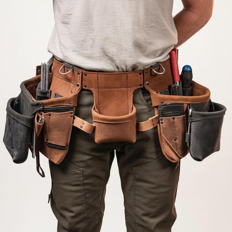 May include: A brown leather tool belt with multiple pockets and pouches. The belt is worn around the waist and holds various tools, including pliers and screwdrivers. The belt is made of brown leather and has a sturdy design.