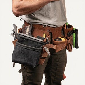 May include: A brown leather tool belt with multiple pockets and pouches, filled with various tools. The belt has a black pouch on the front and is worn by a person. Tools include a hammer, measuring tape, and other construction tools.