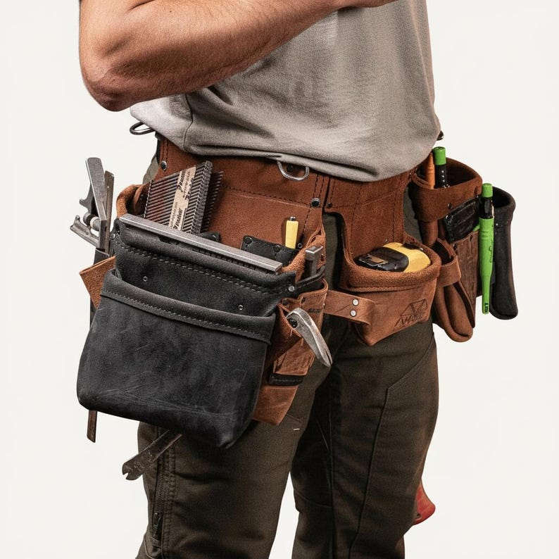 May include: A brown leather tool belt with multiple pockets and pouches, filled with various tools. The belt has a black pouch on the front and is worn by a person. Tools include a hammer, measuring tape, and other construction tools.