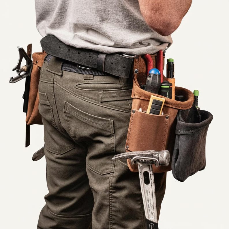May include: A brown leather tool belt with multiple pockets and loops, holding various tools including a hammer, screwdrivers, and pliers. The belt is worn around the waist over green work pants and a black belt.