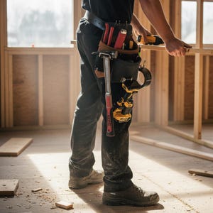 May include: A black leather tool belt worn around the waist, featuring multiple pockets and pouches. The belt holds a silver hammer with a red handle, a red-handled tool, a yellow and black cordless drill, and a roll of black tape.