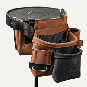 May include: A brown leather tool belt with multiple pockets and pouches. The belt has a black leather strap and buckle, and several metal D-rings. The pockets are various sizes and shapes, and some are black. The tool belt is designed for construction or carpentry.