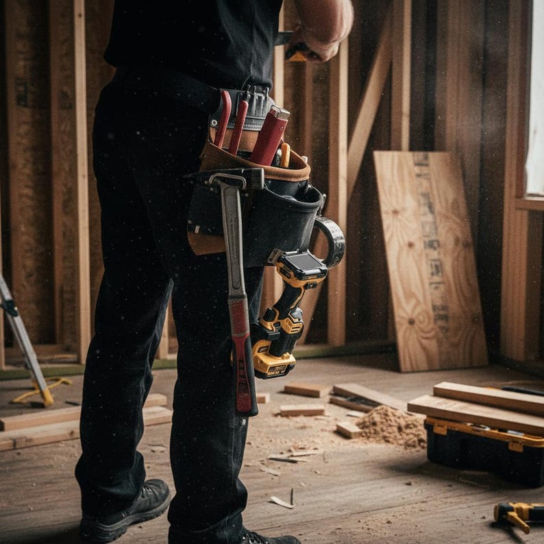 May include: A black tool belt worn around the waist, featuring multiple pockets and pouches. The belt holds a metal hammer with a red handle, a yellow and black cordless power drill, and several hand tools with red and silver accents.