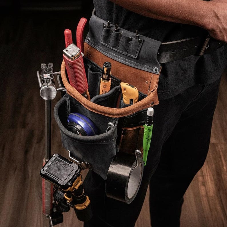 May include: A black and tan tool belt featuring multiple pockets and loops, holding a red utility knife, a yellow cutter, a green marker, a roll of black tape, and a metal hammer holder. The belt is constructed from durable fabric and leather.