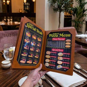Puede incluir: Un menú de restaurante encuadernado en cuero marrón con dos paneles abiertos e insertos negros. El panel izquierdo se titula Guru's Special Deals y el derecho Guru's Pizza Menu, mostrando varios platos, precios y texto.