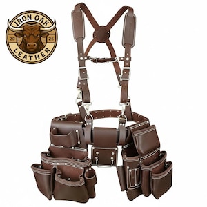 May include: A brown leather tool belt with multiple pockets and pouches, white stitching, and suspenders. The belt has a metal buckle and rivets. The Iron Oak Leather logo is in the upper left corner.